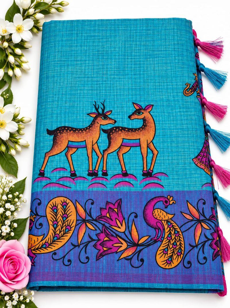 Linen Kalamkari Jalar Saree - Air Force Blue