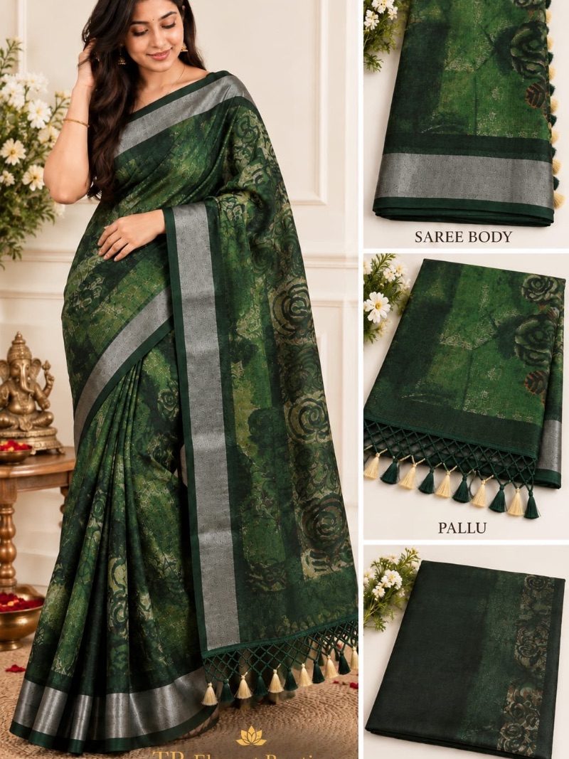 LINEN COTTON SAREE WITH TASSELS - Army Green