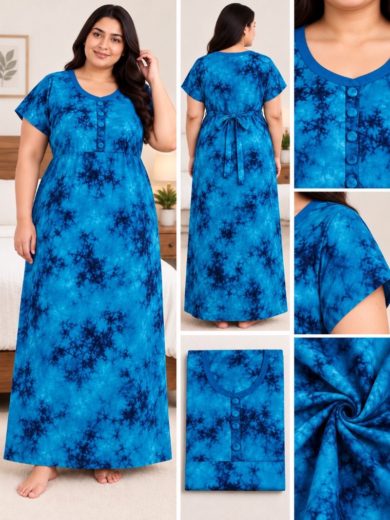 U-Neck Batik Frock Nighty with Belt - Blue