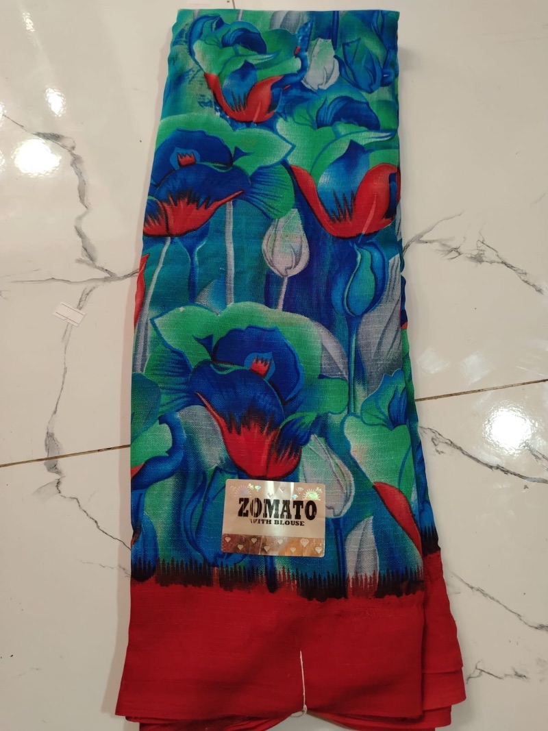 Zometo Border Saree - Flowers - Blue