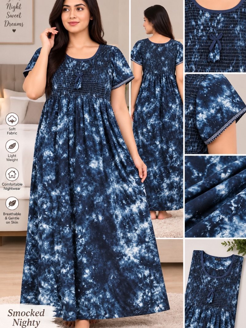 Smocked  Batric Long Nighty - Blue