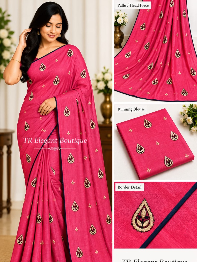 Elegant Chiffon Embroidery Saree - Leaf - Blush