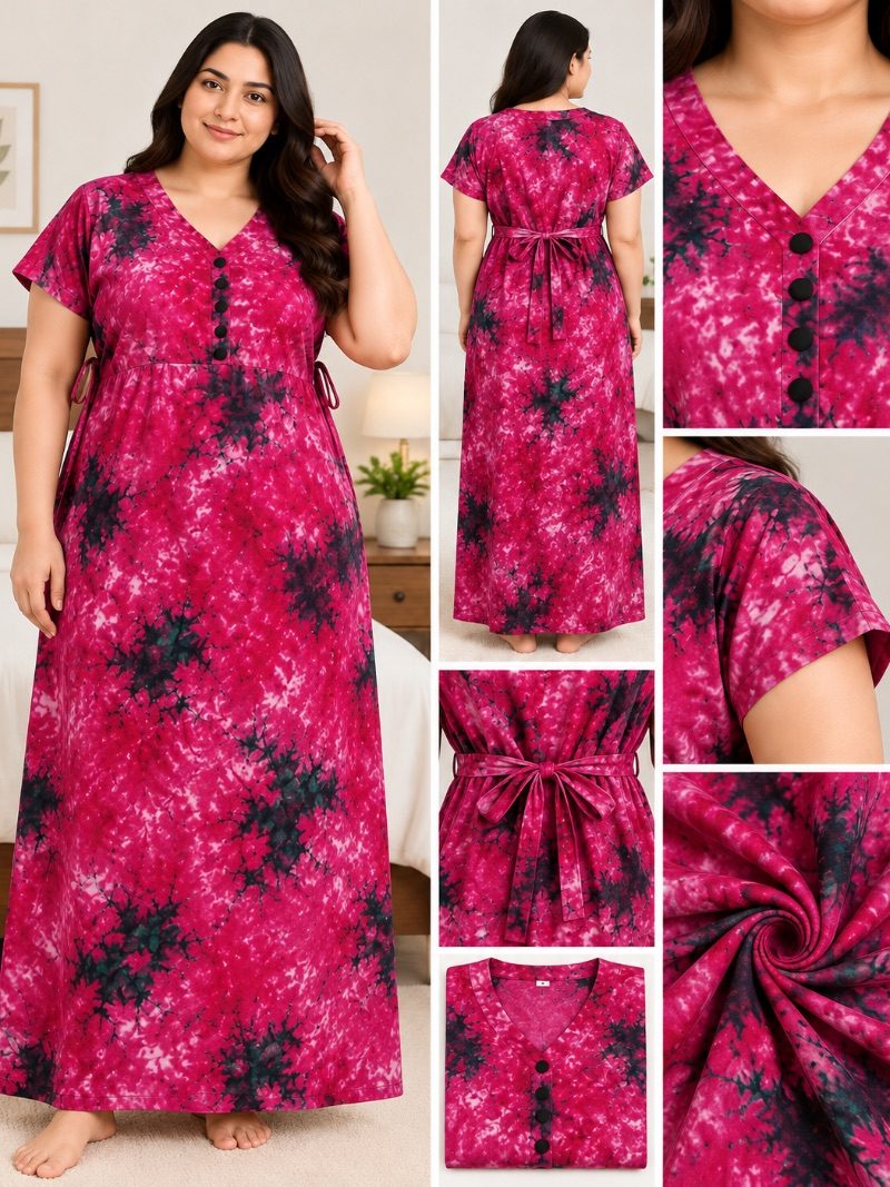 V-Neck Batik Frock Nighty with Belt - Blush