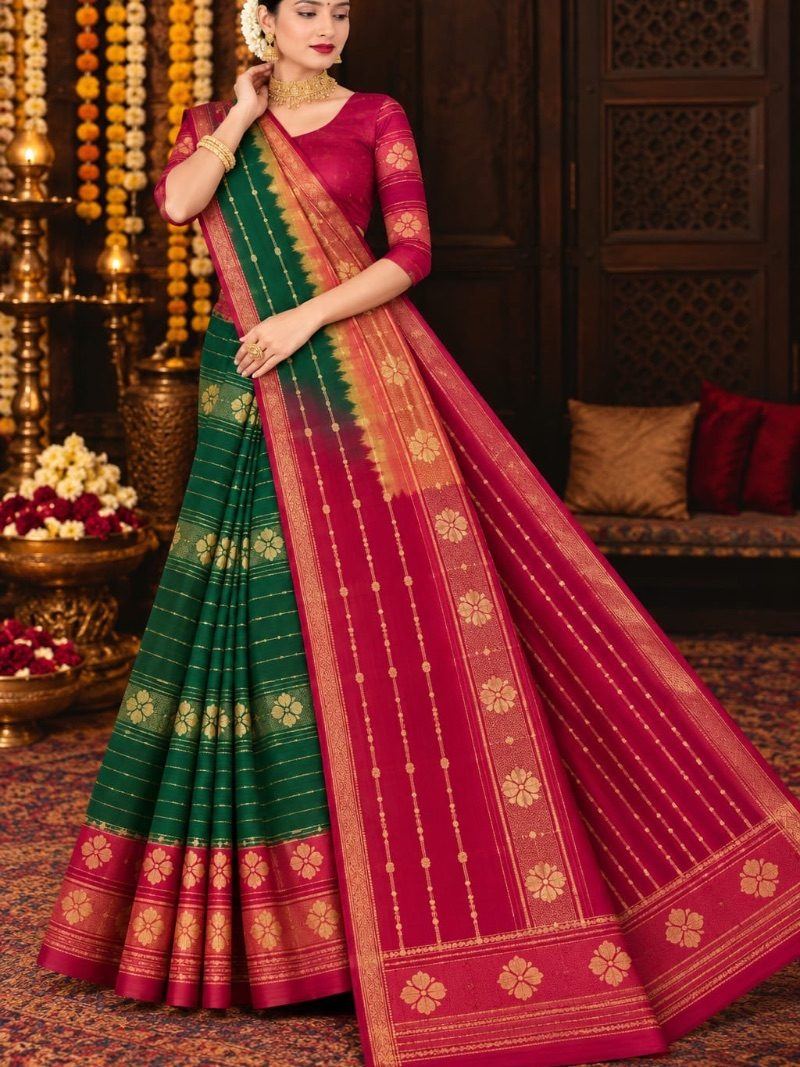 Velithari Cotton Saree - Bottle Green and Redd
