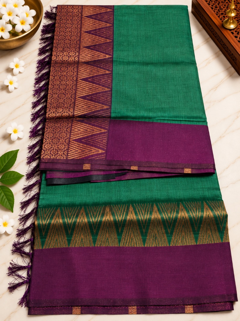Kalyani Cotton Saree - Triangle boarder - Bottle Green with maroon