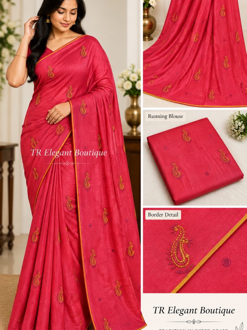 Elegant Chiffon Embroidery Saree -         Paisley - Brick Red