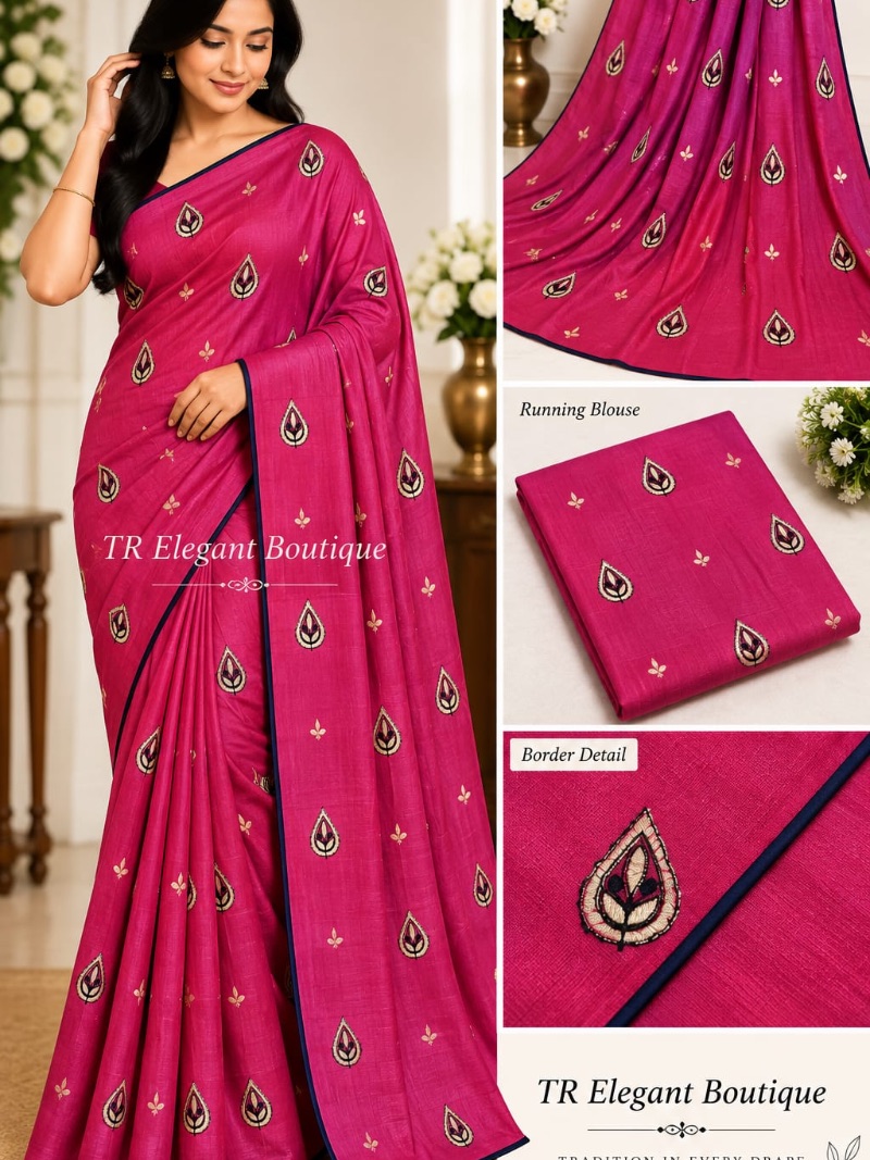 Elegant Chiffon Embroidery Saree - Leaf - Brick Red