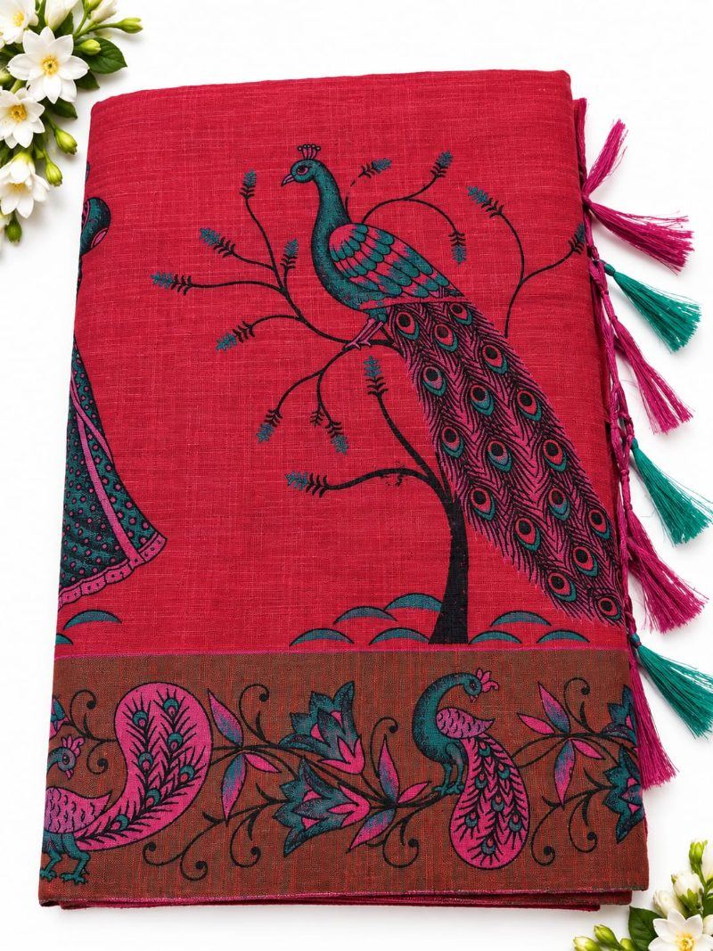 Linen Kalamkari Jalar Saree - Bridal Red