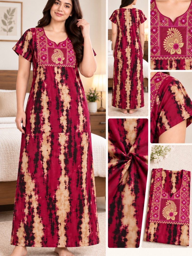 Batik Cotton Embroidery Work Nighty - Bridal Red