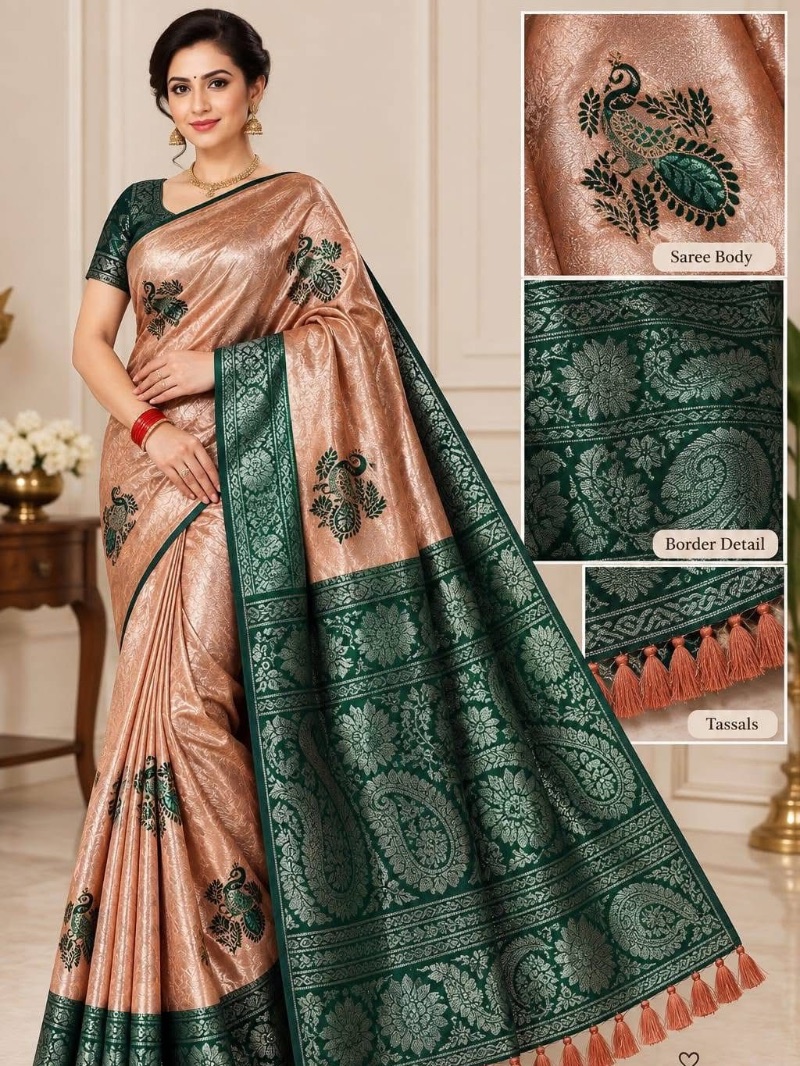 Elegant peacock design silver work silk saree - Bronze