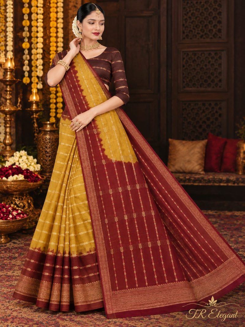 Velithari Cotton Saree - Burgundy and Yellow