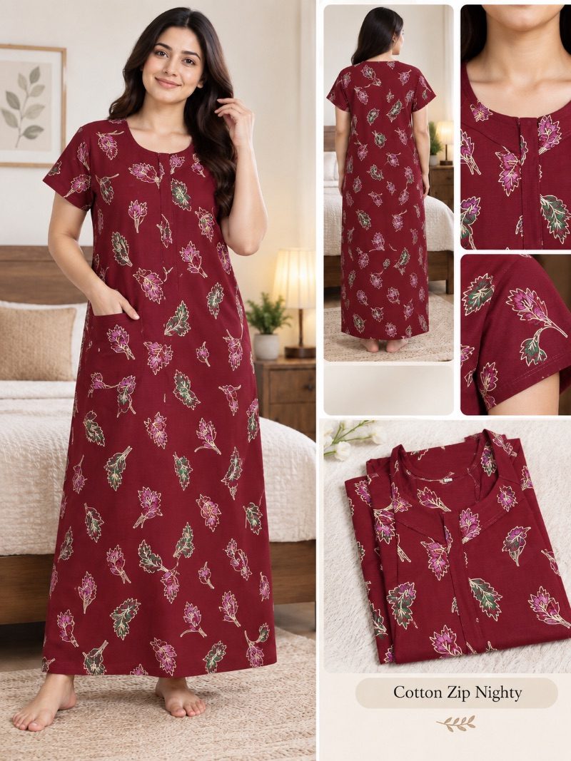 100% Cotton Zip Nighty - Burgundy