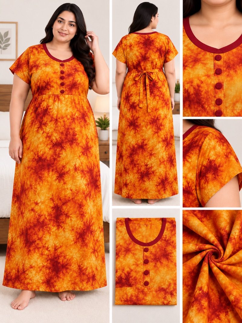 U-Neck Batik Frock Nighty with Belt - Burnt Orange