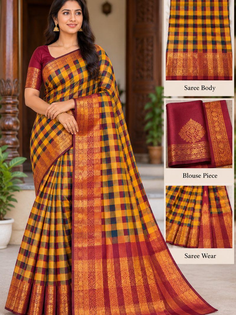 Chandrika Check  Saree - Burnt Orange
