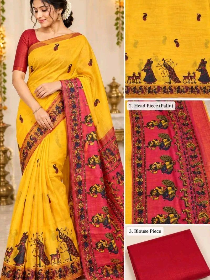 Linen Kalamkari Jalar Saree - Canary Yellow