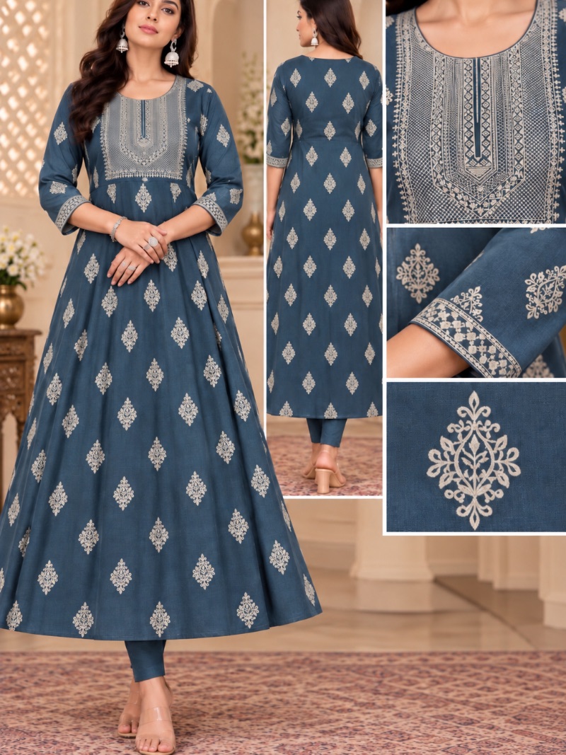 Vatican Elegant Embroidered Long Kurti Top - Charcoal blue