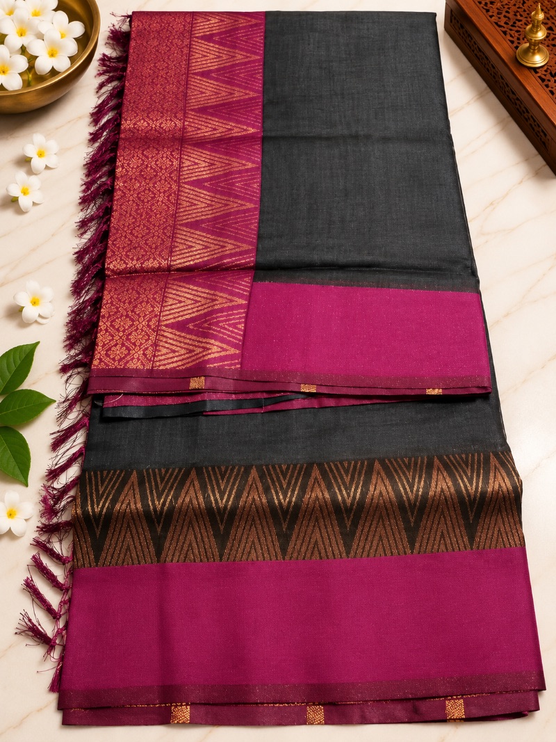 Kalyani Cotton Saree - Triangle boarder - Charcoal with Red
