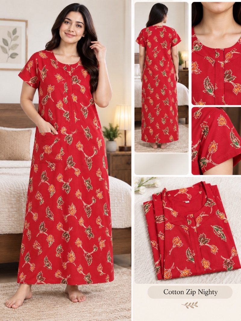 100% Cotton Zip Nighty - Cherry Red