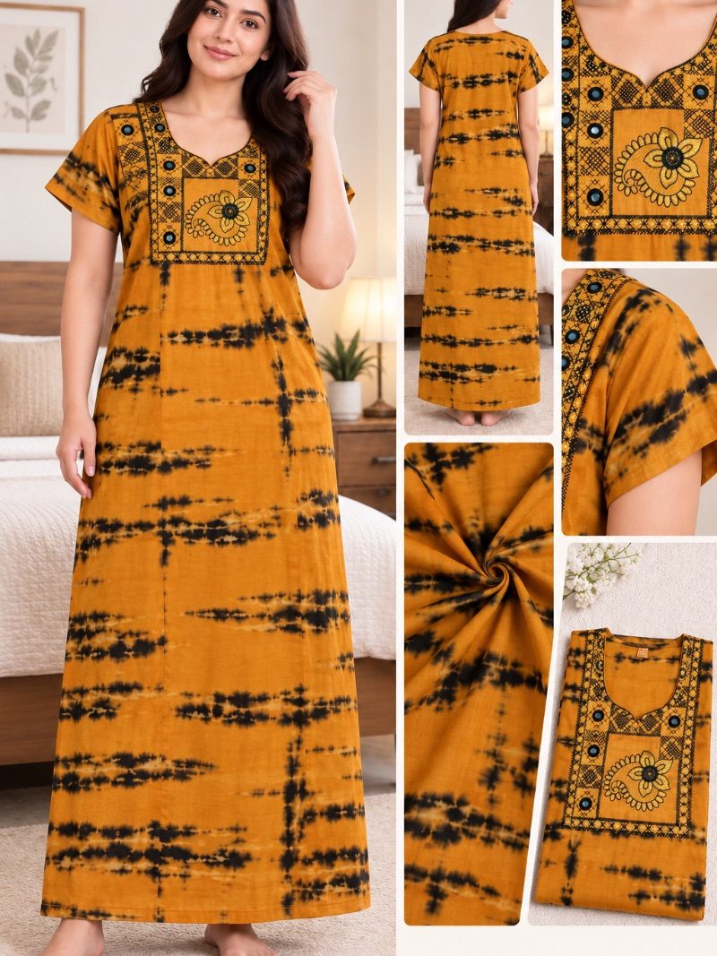 Batik Cotton Embroidery Work Nighty - Copper