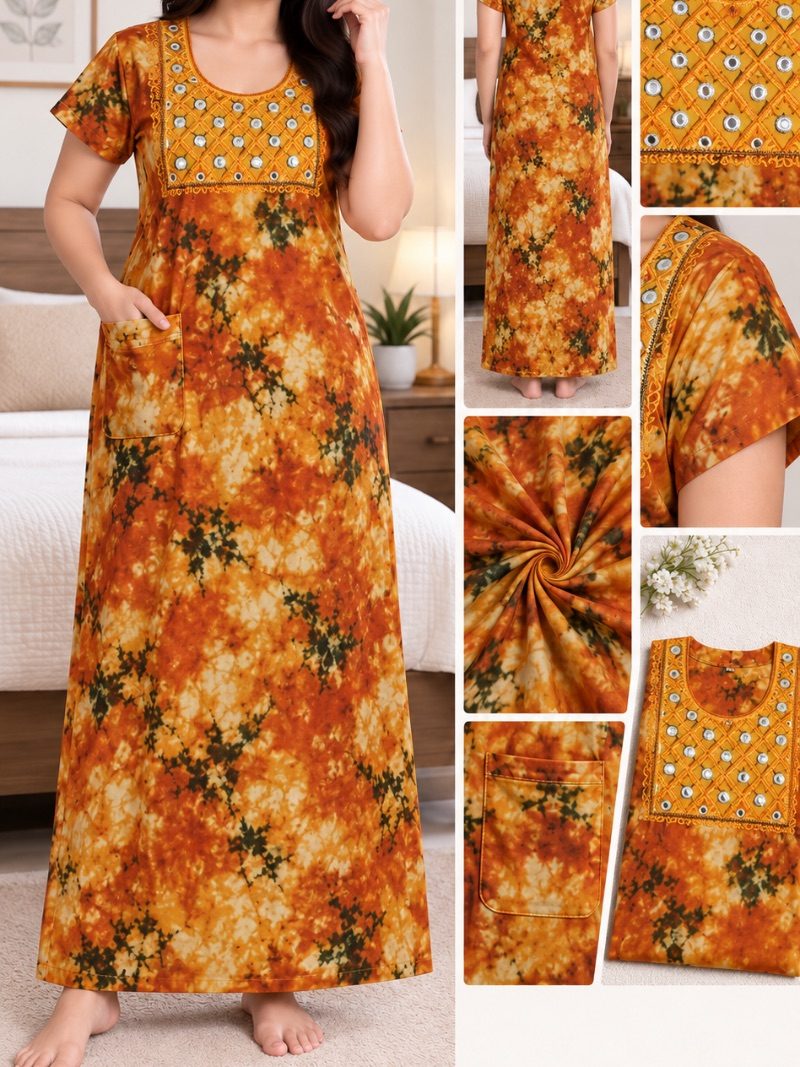 Batik Cotton Mirror Work Nighty with Pocket - Copper