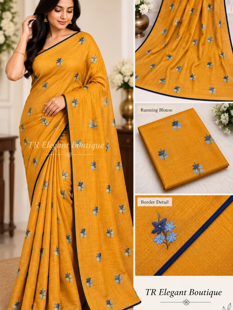 Elegant Chiffon Embroidery Saree -     Floral - Copper
