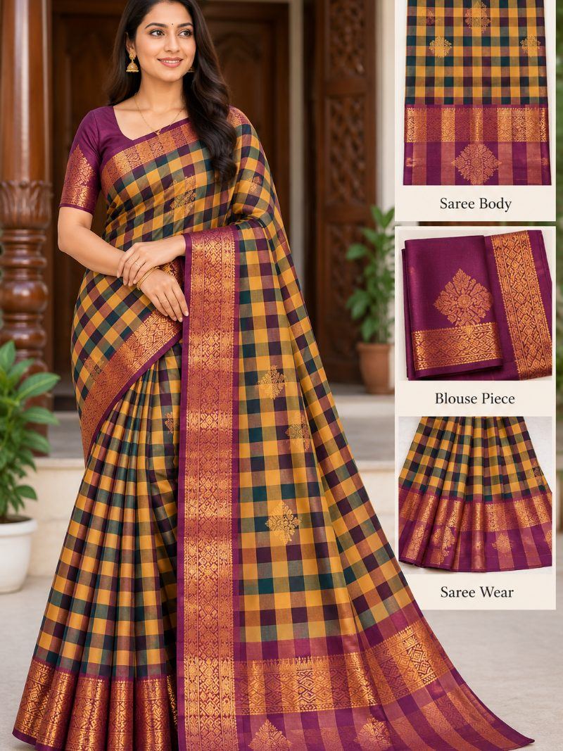 Chandrika Check  Saree - Copper Gold