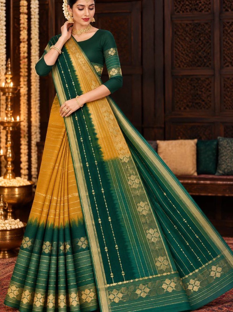 Velithari Cotton Saree - Copper Gold and Green