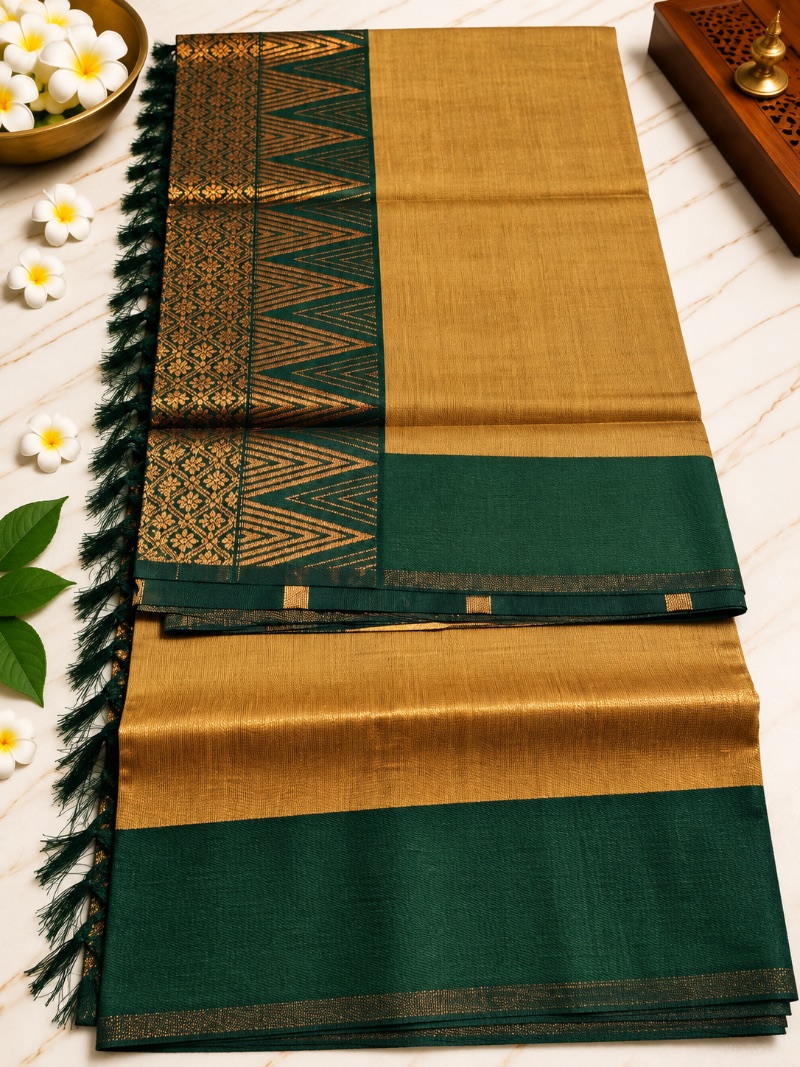 Kalyani Cotton Saree - Triangle boarder - Copper with Green