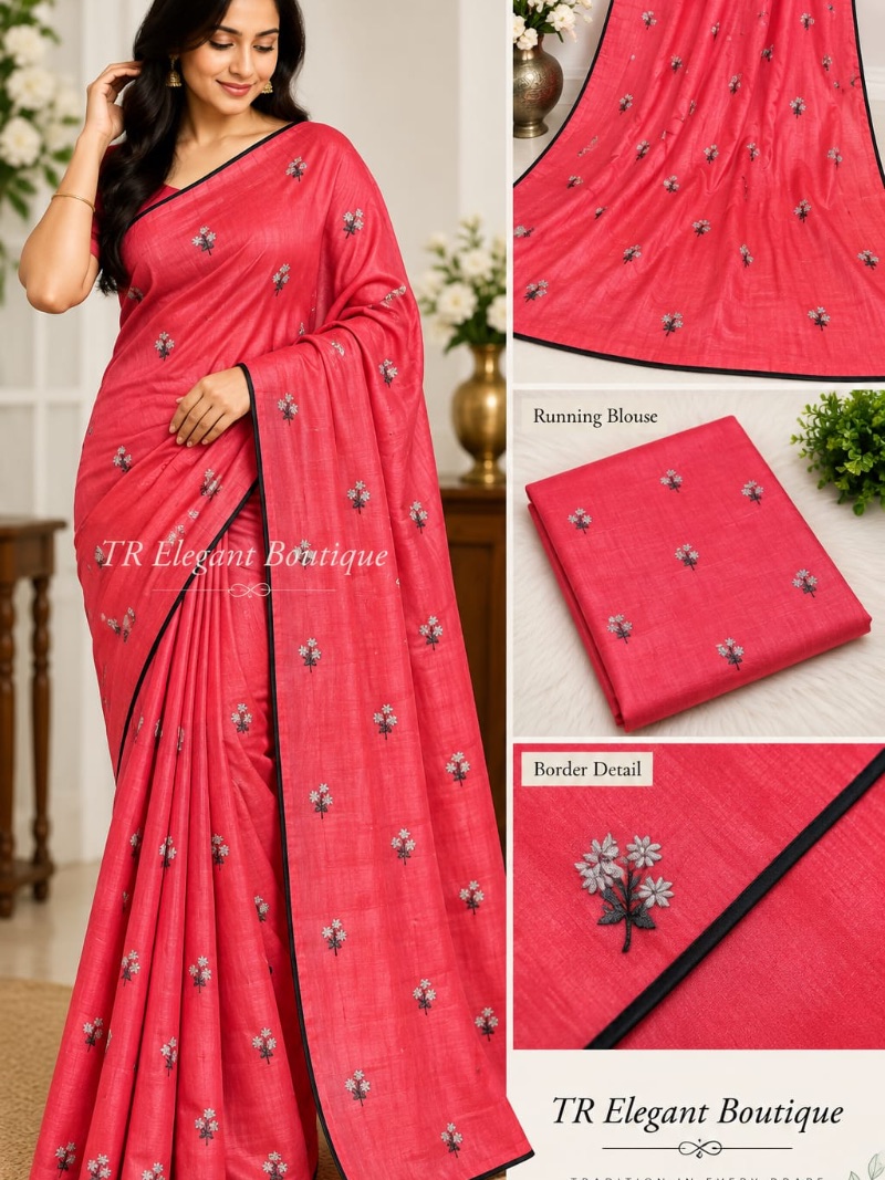 Elegant Chiffon Embroidery Saree -     Floral - Crimson
