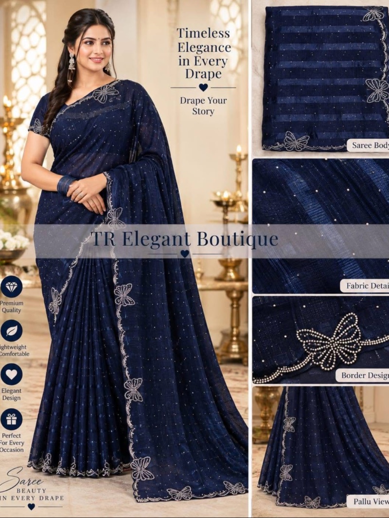 Butterfly Stone Work Party Saree - Dark blue