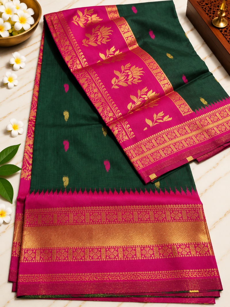 Kalyani Cotton Saree - Dark Green