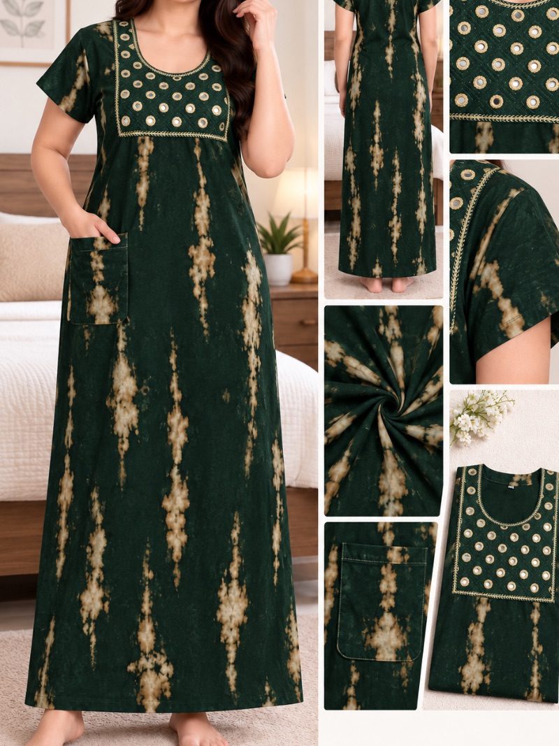 Batik Cotton Mirror Work Nighty with Pocket