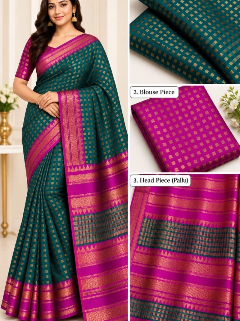Button Silk Saree - Dark Green and Pink
