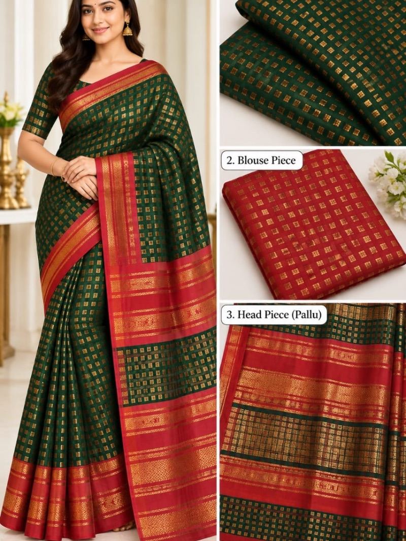 Button Silk Saree - Dark Green and Red