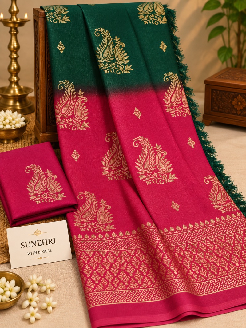 Suneri Golden Elegance Saree - Dark green and red boarder