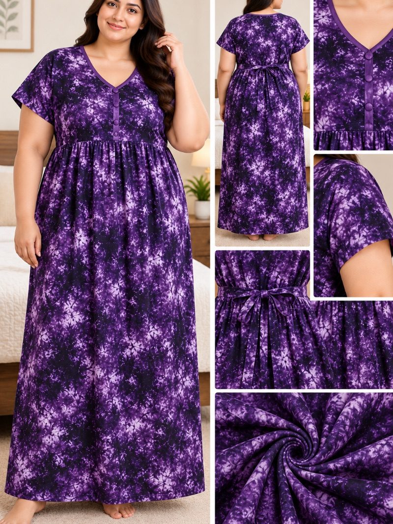 U-Neck Batik Frock Nighty with Belt