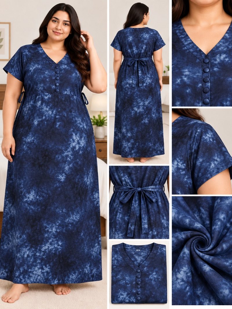 V-Neck Batik Frock Nighty with Belt - Denim