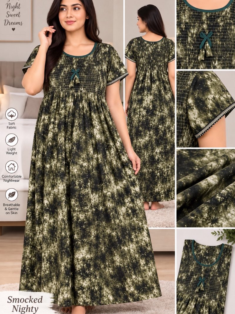 Smocked  Batric Long Nighty - Dim Green