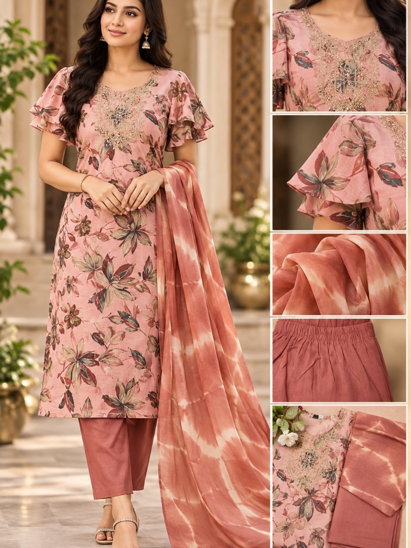 Elegant Embroidered Salwar Set - Dusty Rose