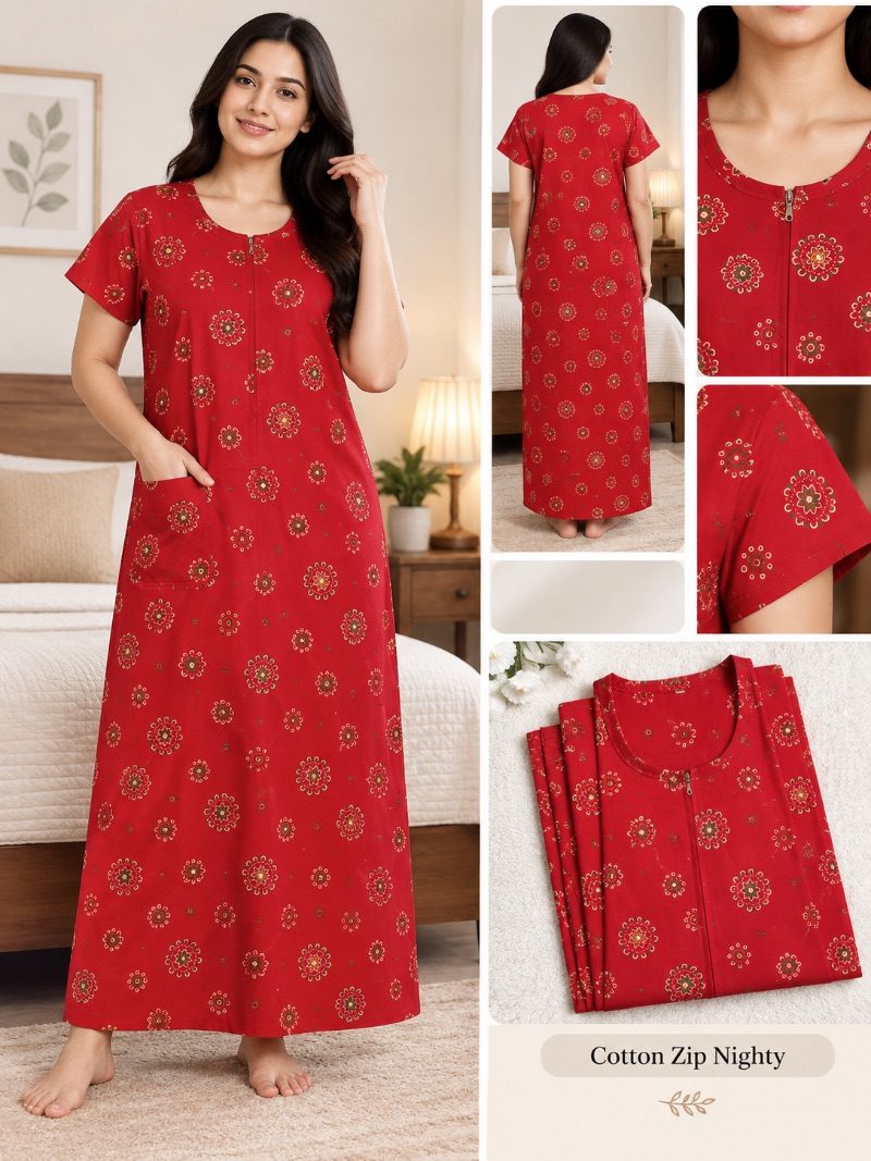 100% Cotton Zip Nighty - Firebrick