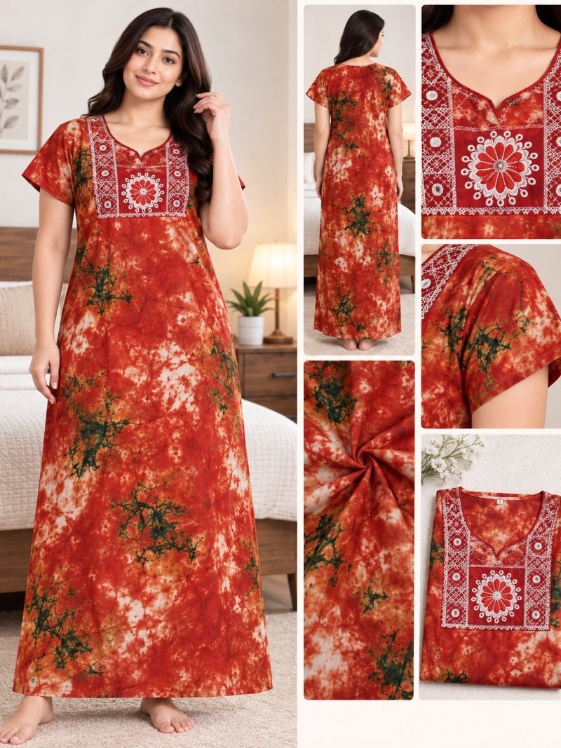 Batik Cotton Embroidery Work Nighty - Firebrick