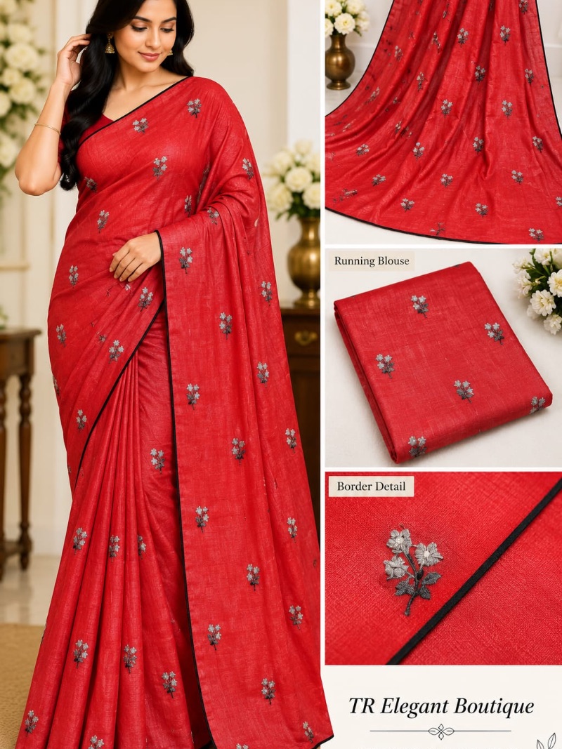 Elegant Chiffon Embroidery Saree -     Floral - Firebrick
