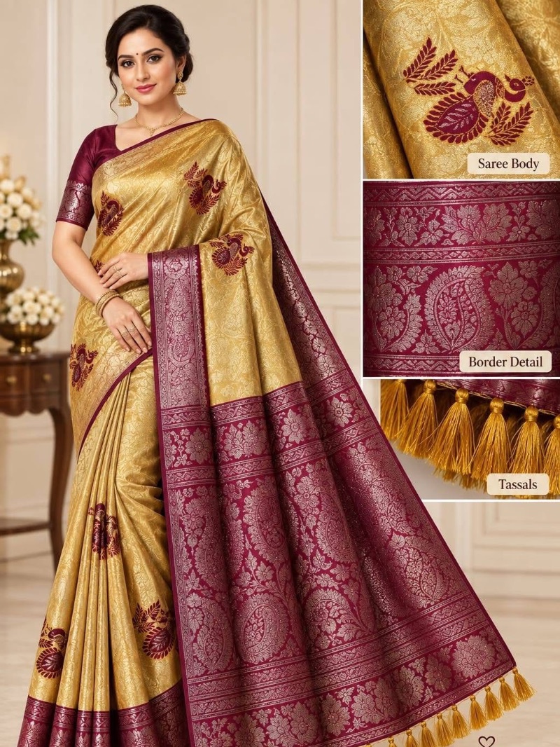Elegant peacock design silver work silk saree - Golden