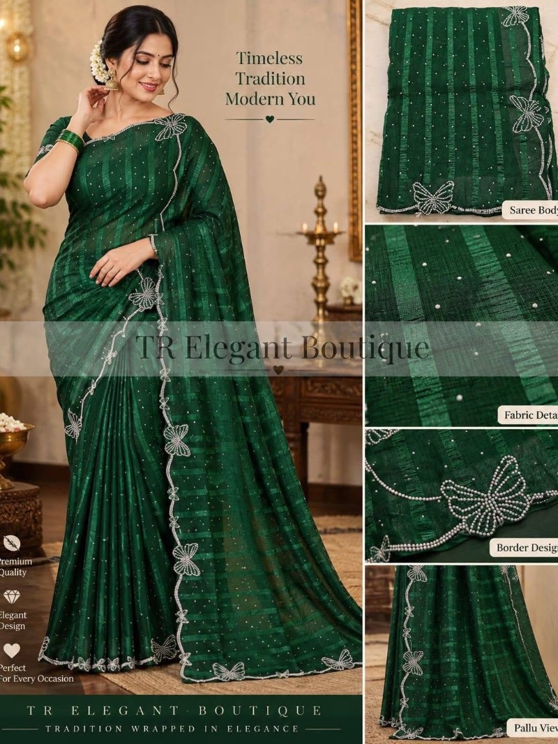 Butterfly Stone Work Party Saree - Green