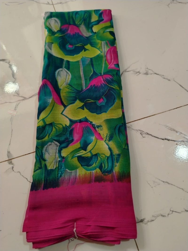 Zometo Border Saree - Flowers - Green