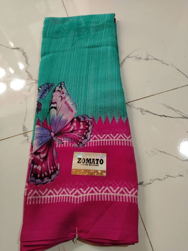 Zometo Border Saree -Butterfly - Green and pink