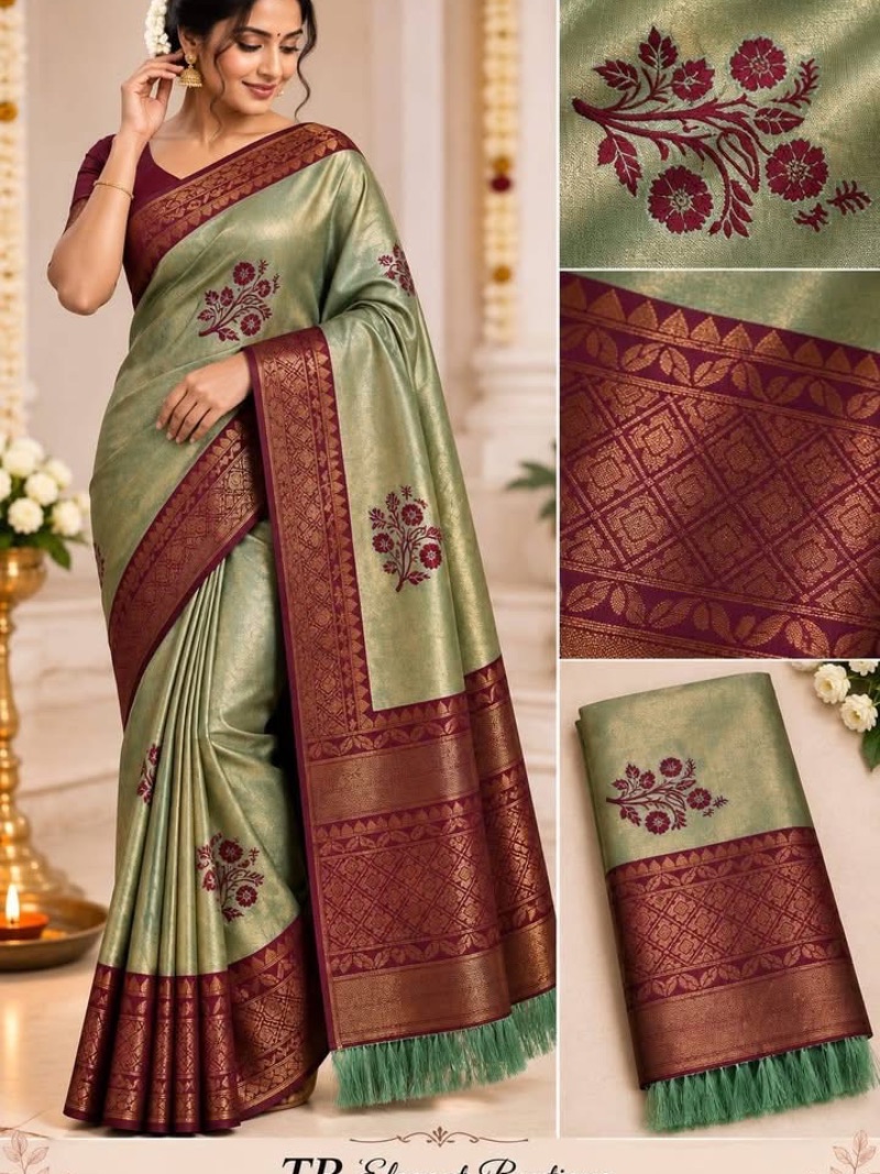 Elegant Copper Border Saree With Tassels - Green Red