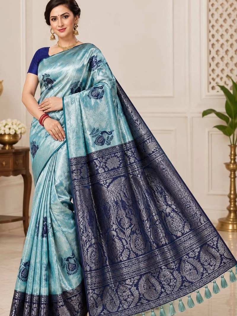 Elegant peacock design silver work silk saree - Grey Blue