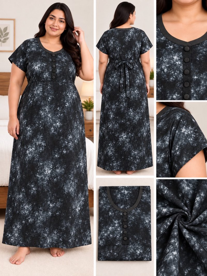 U-Neck Batik Frock Nighty with Belt - Gunmetal