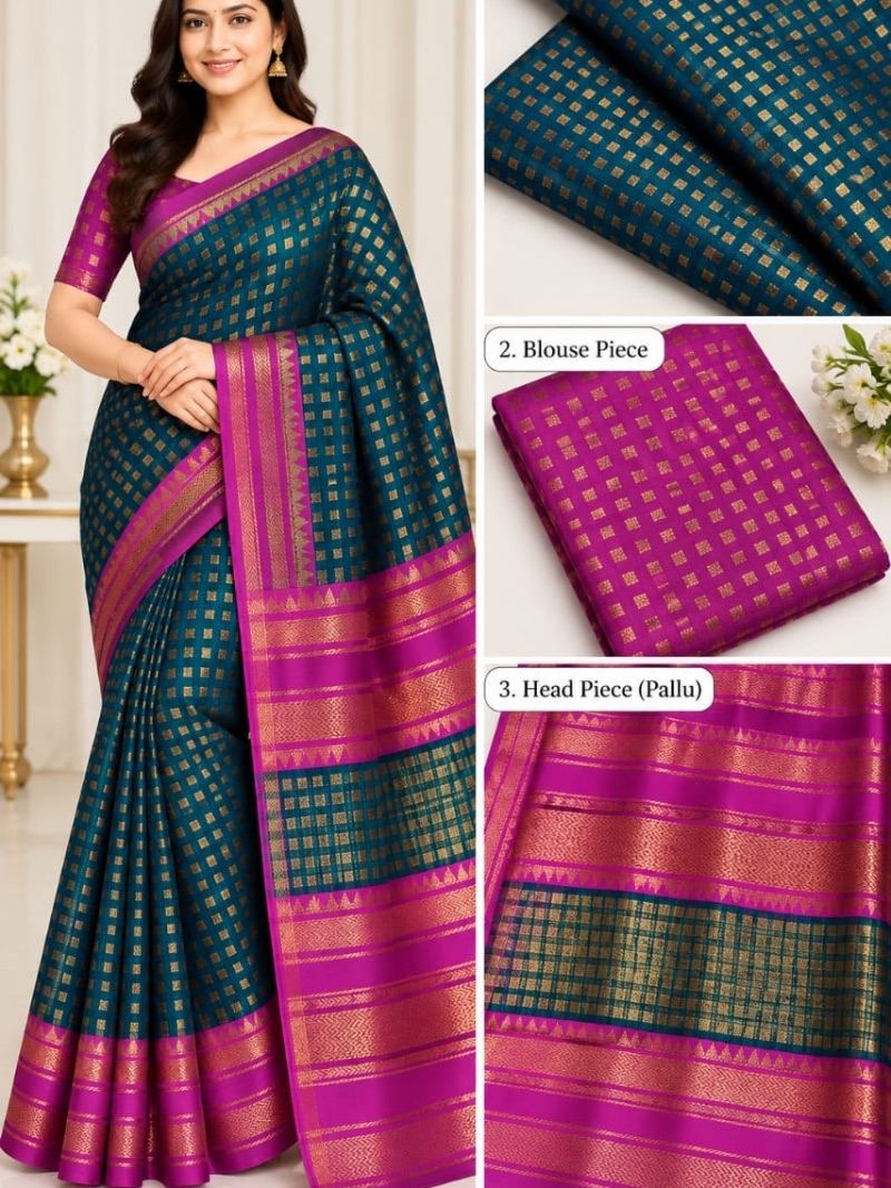 Button Silk Saree - Gunmetal green and Pink